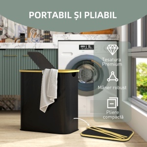 Coș pentru Rufe de 80L cu 2 Secțiuni și Capac din Material Textil și Bambus, 54x34x58,5 cm, Negru - Img 6