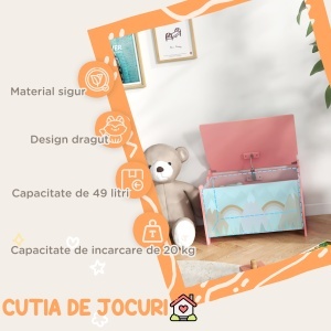 Cufăr de jucării pentru copii , ladă din lemn MDF cu capac și balama de siguranță, 60x37x39cm, de culoare roz - Img 4