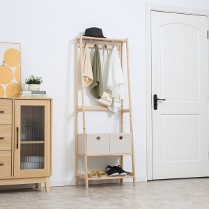 cuier cu raft, 58x36x168cm lemn natur - Img 2