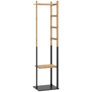 Cuier de Podea Autoportant cu Bară Centrală, 4 Bare Laterale, 2 Cârlige și 2 Rafturi, 46x28,5x153,5 cm, Negru - Img 1
