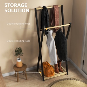 Cuier de Podea din Lemn cu 2 Bare, Suport pentru Haine Autoportant Modern cu Raft Inferior, 61x45x152 cm, Natural - Img 4