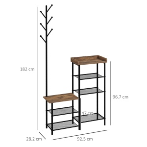 Cuier pentru Haine de Podea cu 6 Carlige din PAL si Otel cu Dulap de Pantofi cu mai multe Rafturi, 92.5x28.2x182 cm, Maro - Img 3