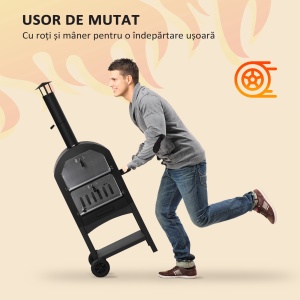 Cuptor Portabil cu Cărbune pentru Pizza și Barbecue, Cuptor cu Lemne, Coș de Fum și Raft Inferior, 63x54x161 cm, Negru - Img 8