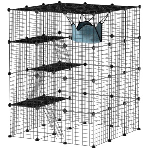 Cușcă Modulară pentru Pisici cu 4 Niveluri, cu Platforme, Rampe și 5 Uși, din Oțel și PP, 105x105x140 cm, Negru - Img 1