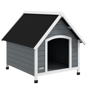 Cușcă pentru Câini, Casă din Lemn pentru Câini cu Podea Detașabilă, Adăpost pentru Animale de Companie cu Lemn Anticoroziv, 84x99x87 cm, Gri - Img 1
