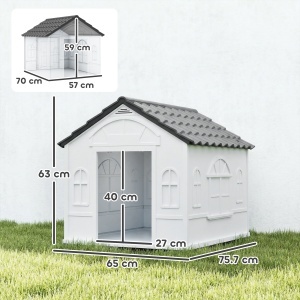 Cușcă pentru Câini din PP Impermeabil cu Acoperiș Inclinat și Ușă de Intrare, 65x75.7x63 cm, Gri - Img 3