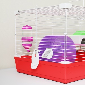 Cusca pentru Hamsteri cu 2 Nivele din Metal si PP cu Casuta, Rezervor de apa, Roti si Farfurioare, 47x30x27 cm, Rosu si Alb - Img 9
