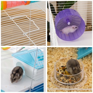 Cușcă pentru Hamsteri cu 3 Nivele, Tub, Roată de Alergat, Sticlă de Apă și Bol de Mancare, 59x36x47 cm, Albastru - Img 8