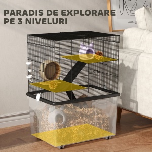 Cușcă pentru Hamsteri cu 3 Niveluri, Bază Adâncă, Roți Rampe, Bol și Sticlă, 58x43x74 cm, Negru - Img 4