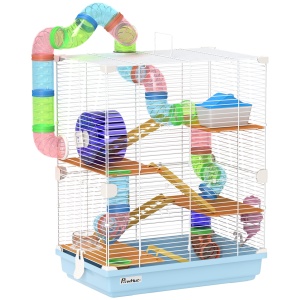 Cușcă pentru Hamsteri cu 5 Nivele, Tuburi, Rotiță, Scări, Căsuță și Sticluță, 46x30x58 cm, Albastru - Img 1