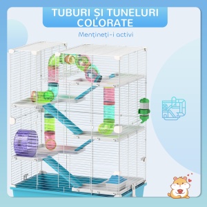 Cușcă pentru Hamsteri cu 6 Nivele, Tuneluri, Căsuță, Sticlă de Apă, Rampe, 2 Uși și Roată, 58x36x81 cm, Albastru - Img 5