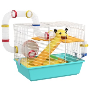 Cușcă pentru Hamsteri cu Roată, Căsuță, Bol, Rampe și Recipient Apă, Cușcă pentru Gerbili din Oțel, PS și PP, 45x28x37 cm, Alb și Albastru - Img 1