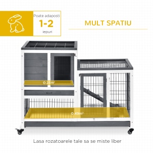 Cușcă pentru Iepuri din Lemn de Brad cu Roți, Tăvi Detașabile și Căsuță cu Rampă, 110x50x88 cm, Gri și Alb - Img 4