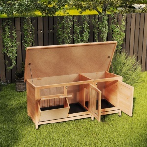 Cușcă pentru Iepuri din Lemn de Exterior cu Acoperiș din Asfalt, Căsuță cu Uși, Tăvi Detașabile și Hrănitoare, 112x50x54 cm, Galben - Img 8