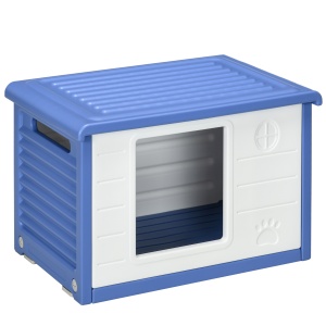 Cușcă Ridicată pentru Câini de Talie Mică cu Intrare și 2 Deschideri Laterale, Cușcă de Exterior Antiderapantă din Polietilenă, Ușor de Curățat, 60x42x40 cm, Albastru și Alb - Img 1