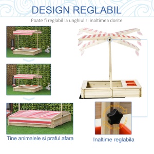 Cutie Nisip 118×118×118 cm – Loc Joaca Lemn cu Acoperis Reglabil, 3–8 ani - Img 4