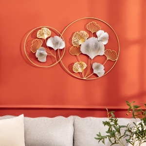 Decoratiune de perete 3D frunze de ginkgo aurii, pictata manual - Img 2