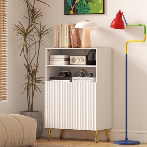 Dulap baie, comodă pentru living, uși cu închidere silențioasă, 2 rafturi deschise, MDF, Alb - Img 5