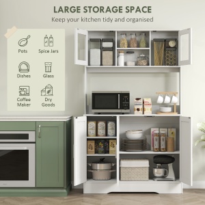 Dulap Bucătărie de 180cm, Dulap Înalt cu 4 Compartimente, Uși din Sticlă Securizată, 2 Rafturi Deschise, Rafturi Reglabile, Blat pentru Electrocasnice, pentru Bucătărie sau Living, Alb - Img 4
