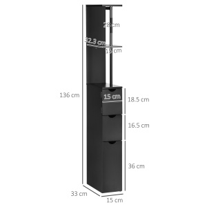 Dulap cu coloana din lemn ce economie de spatiu, dulap de baie cu rafturi, dulap si sertare, negru, 15x33x136cm - Img 3