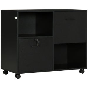 Dulap de Birou cu 2 Sertare pentru Dosare si Rafturi Deschise din PAL, Manere din Otel, Roti cu Blocare, 80x40x66cm, Negru