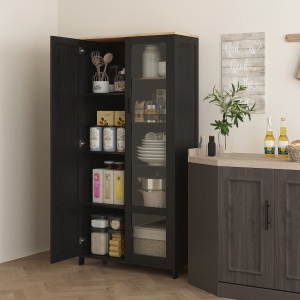 Dulap de Bucătărie cu 9 Rafturi Reglabile, cu Uși de Sticlă și Bază Înălțată din Lemn, 76x36x160 cm, Negru - Img 2