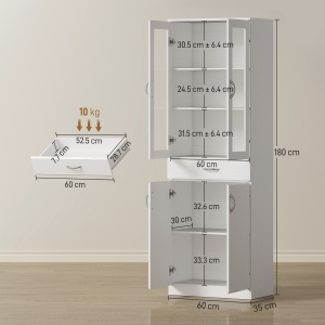 Dulap de Bucătărie Înalt 180 cm cu Uși din Sticlă Soft-Close, Sertar și 2 Dulapuri, Polițe Reglabile, Alb - Img 3