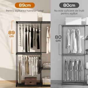 Dulap de Haine Portabil cu 2 Bare și 6 Rafturi, Dulap din Material Textil Non-Țesut, Plastic și Oțel, 111x43x185 cm, Negru - Img 4