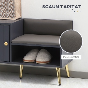 Dulap de pantofi de intrare cu scaun captusit, raft deschis si dulap, pentru 4 perechi de pantofi, lemn si metal, 80x33x49cm, gri - Img 5