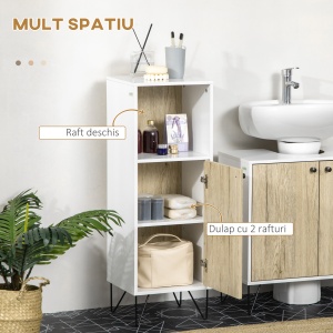 Dulap de podea pentru baie cu raft deschis, organizator de depozitare independent cu o singura usa pentru birou, living, dormitor, stejar si alb - Img 4