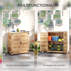 Dulap Exterior cu Raft Intern și Banc de Lucru, Dulap de Grădină din Lemn de Brad și Oțel Zincat, 79x43x92 cm, Culoare Lemn - Img 4