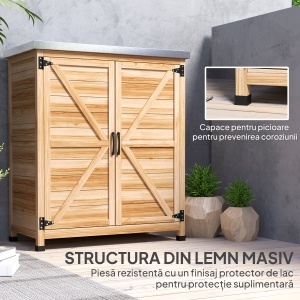 Dulap Exterior cu Raft Intern și Banc de Lucru, Dulap de Grădină din Lemn de Brad și Oțel Zincat, 79x43x92 cm, Culoare Lemn - Img 7