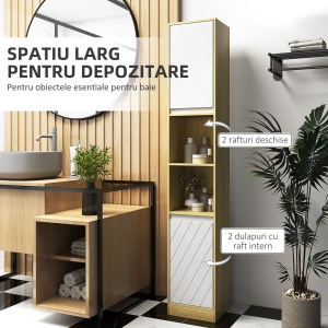 Dulap Înalt de Baie Spațios, Mobilier de Baie cu 2 Dulapuri și Rafturi Reglabile, 30x24x170 cm, Lemn Natural - Img 4