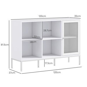Dulap Modern de Depozitare cu Ușă din Plasă, 4 Compartimente Deschise și Raft Reglabil, 120x37x81.5 cm, Alb - Img 3