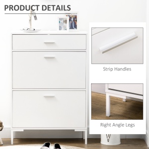 Dulap modern pentru pantofi, 12 perechi de pantofi cu 2 usi si sertar, din PAL, MDF si metal, 75x26x110 cm, alb - Img 7