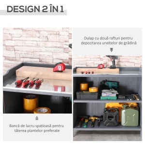 Dulap pentru Exterior din Lemn de Brad cu Blat de Lucru din Metal Zincat si 2 Rafturi pentru Scule, 98x48x95.5 cm, Gri - Img 4