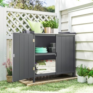 Dulap pentru Exterior din Lemn de Brad cu Blat de Lucru din Metal Zincat si 2 Rafturi pentru Scule, 98x48x95.5 cm, Gri - Img 9