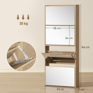 Dulap pentru Încălțăminte Slim cu 4 Uși și Oglindă 63x17x146 cm Culoare Lemn - Img 3