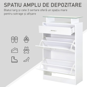 Dulap pentru Pantofi cu 2 Uși pe 2 Niveluri, Sertar și Raft din Sticlă, Dulap pentru Pantofi, 60x24x105,5 cm, Alb - Img 5