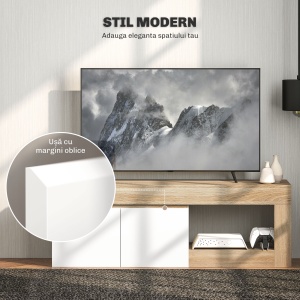 Dulap pentru TV de 60" cu Dulăpior, 2 Uși și Raft Deschis, Mobilier TV din Lemn, 140x40x48 cm, Lemn Natural - Img 4