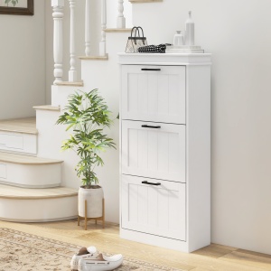 Dulap Spațios pentru Pantofi cu 3 Sertare Rabatabile pentru 15 Perechi de Pantofi, 54x24x117,5 cm, Alb - Img 2