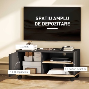 Dulap TV 42" Max cu 2 Rafturi deschise si Usa, din PAL cu Roti, 80x45x39.5 cm, Negru - Img 4