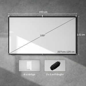 Ecran Proiector 100" 4K/8K HD Format 16:9, Reglabil Manual, Lavabil, Unghi Vizionare 160°, pentru Acasă, Cinema, Birou, Alb - Img 3