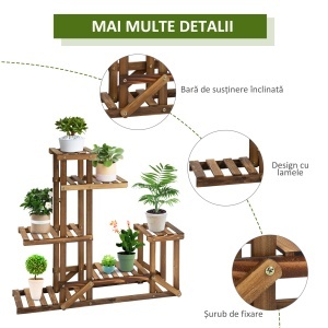 Etajera Suport Plante Asimetrica cu 6 Niveluri pentru Gradina si Casa, din Lemn, 95x28x96.5 cm - Img 5