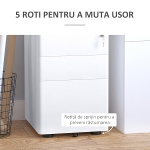 Fiset de Birou 3 Sertare si Incuietoare Serratura, Fiset pentru Birou cu Roti din Otel, 39x48x59cm, Alb - Img 6