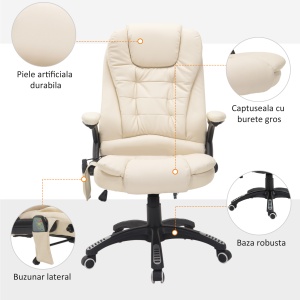 Fotoliu Birou cu Masaj – Piele Bej, Confort Reglabil - Img 5