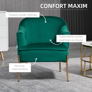 Fotoliu dormitor din material textil cu efect catifea cu picioare din otel auriu, 62x69x75 cm, verde - Img 4