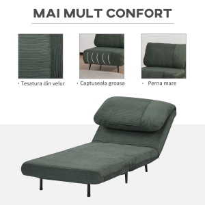 Fotoliu Pat 2 in 1 reglabil pe 3 niveluri cu sezut foarte mare si captuseala din spuma, structura din lemn, otel si efect catifea verde - Img 6