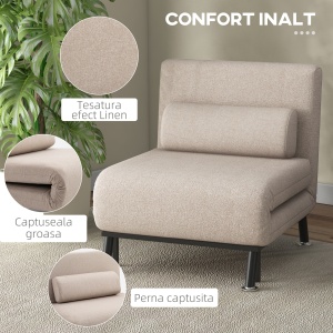 Fotoliu Pat Extensibil – 1 Persoana, cu Saltea & Perna Bej - Img 5