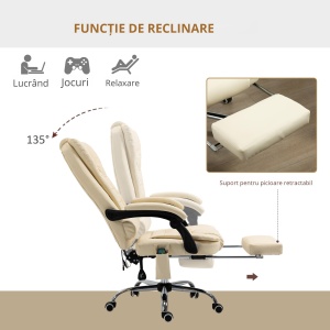 Fotoliu pentru Masaj Pivotant si Ergonomic cu Inaltime Reglabila cu 6 Puncte de Vibratie, 65x160x104 cm, Crem - Img 6